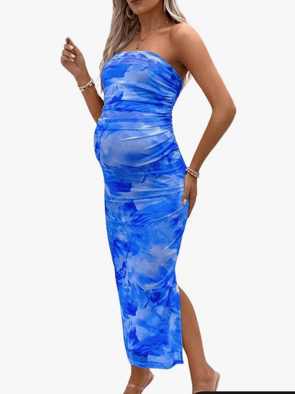 Milumia Maternity Floral Mesh Split Strapless Tube Dress Bodycon Maxi Dress